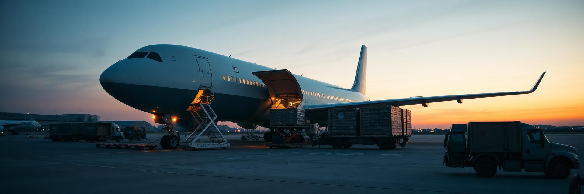Air freighter being loaded at dusk